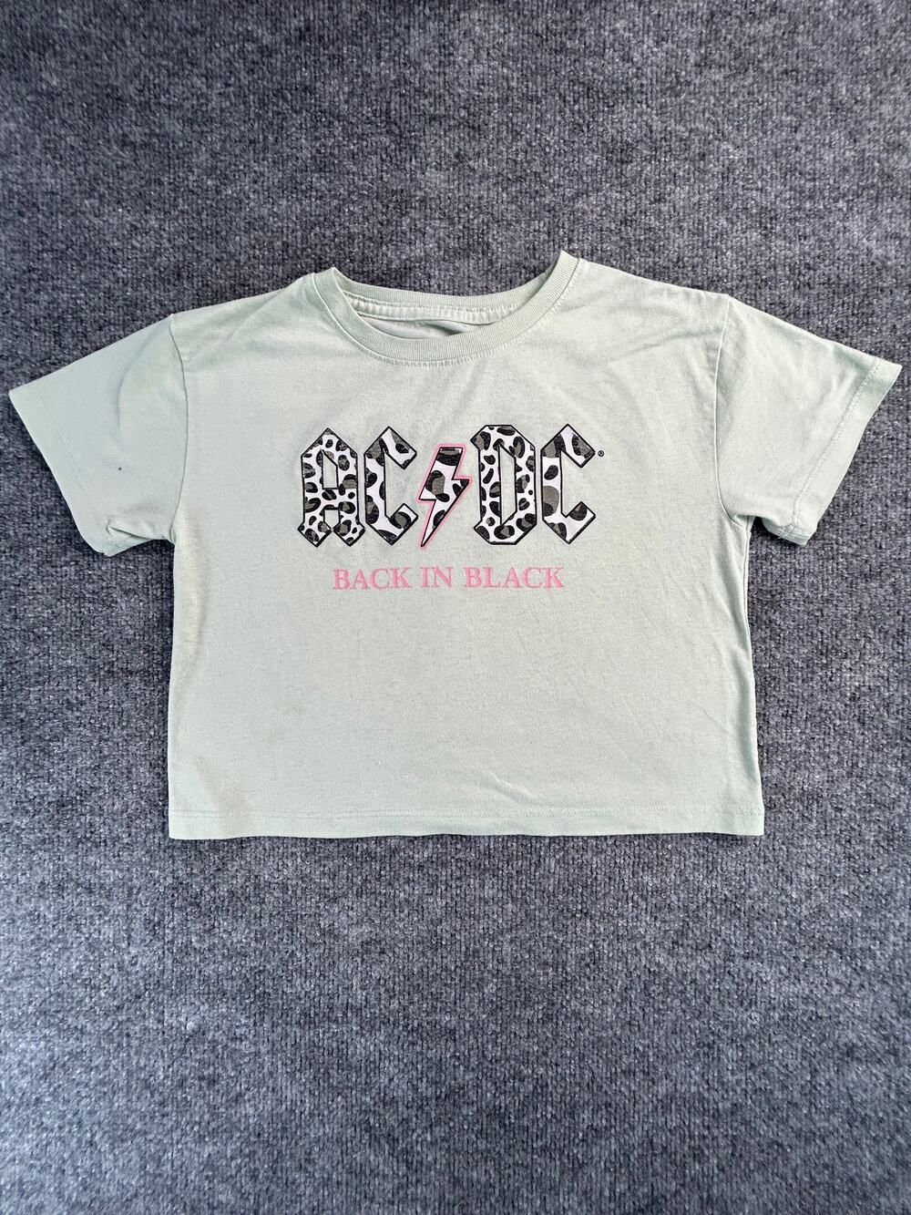 AC/DC Back In Black Girls Medium Graphic T Shirt Green Leopard Print Band Tee
